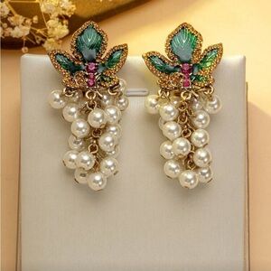 Elegant Pearl and Green Leaf Earrings